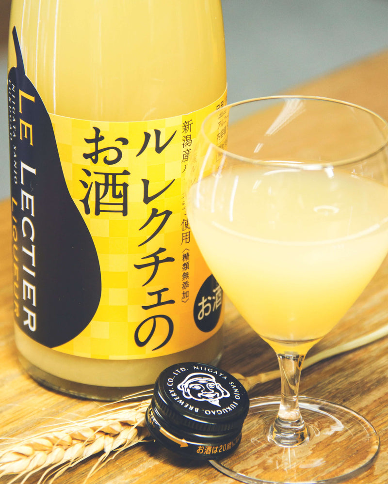 Le Lectier啤梨酒500ml，7%酒精度，瓶裝和酒杯展示，源自日本新潟縣，使用Le Lectier啤梨製作，甜美多汁。